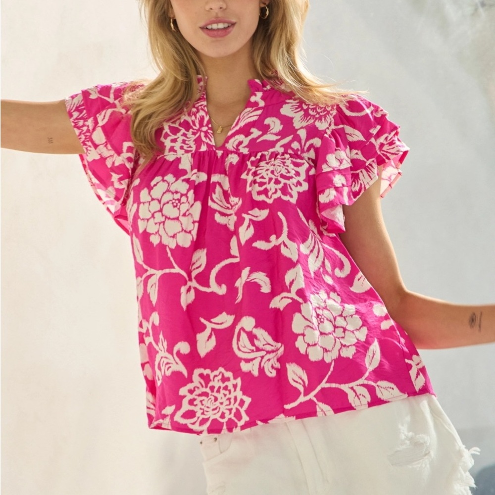 NWT Pink Ruffled Blouse with Mandarin Collar